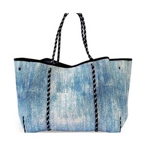 Popups Lifestyle Neoprene Tote Bag Blue Denim Print Rope Handle with Pouch NWOT